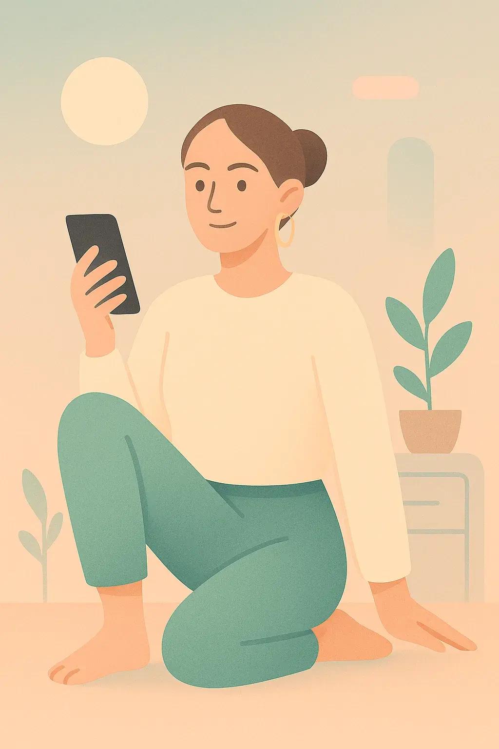Illustration einer Frau, die entspannt zu Hause Preplify auf ihrem Smartphone nutzt